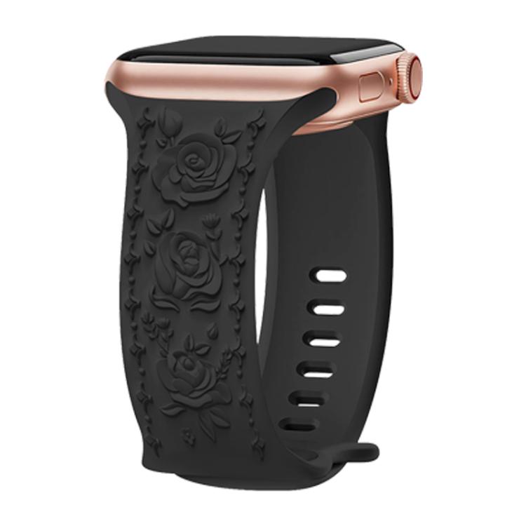 For Apple Watch 42mm / 41mm / 40mm / 38mm Kalebol 8-shaped Buckle Rose Embossed Silicone Watch Band(Black) - free shipping - PMc TechLife - Order now!
