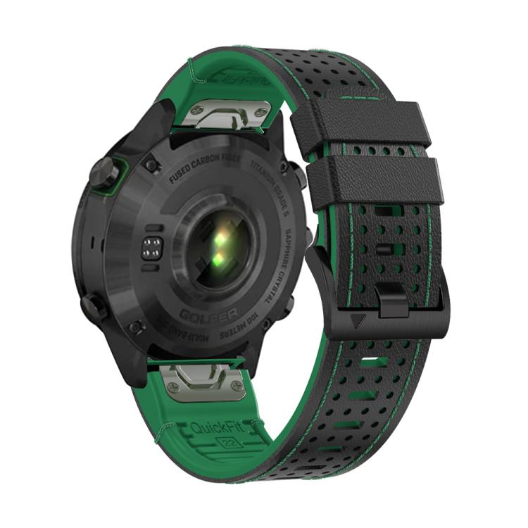 For Garmin Fenix 7X 26mm Kalebol Dot Hole Silicone Leather Quick Release Watch Band(Black Green) - free shipping - PMc TechLife - Order now!