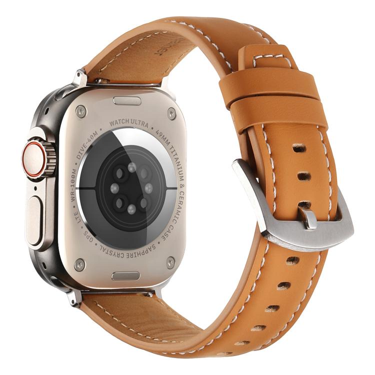 For Apple Watch 46mm / 49mm / 45mm / 44mm Kalebol Plain Genuine Leather Watch Band(Yellow Brown) - free shipping - PMc TechLife - Order now!