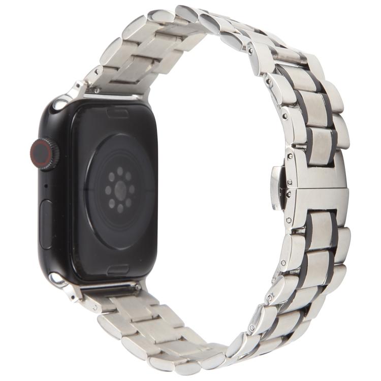 For Apple Watch 46mm / 49mm / 45mm / 44mm Butterfly Buckle New Five Beads Stainless Steel Watch Band(Silver Black) - free shipping - PMc TechLife - Order now!