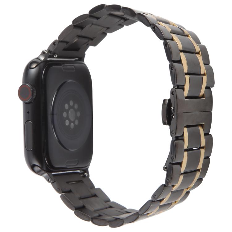 For Apple Watch 46mm / 49mm / 45mm / 44mm Butterfly Buckle New Five Beads Stainless Steel Watch Band(Black Gold) - free shipping - PMc TechLife - Order now!