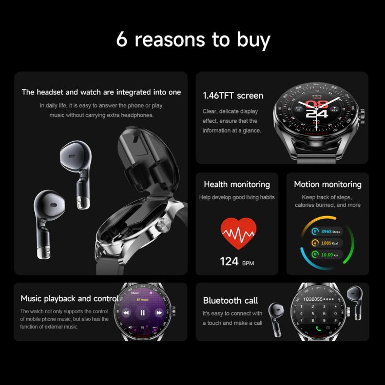 D9 1.46 inch 2 in 1 Bluetooth Earphone Smart Watch, Support Bluetooth Call / NFC / Heart Rate(Black) - free shipping - PMC TechLife - Order now!