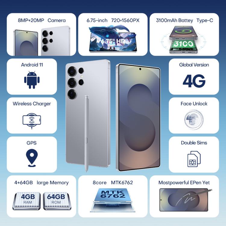 F102 / S25 Ultra, 4GB+64GB, 6.75 inch Android 11 MTK6762 Octa Core, Network: 4G, Dual SIM, Support Wireless Charging, Plug:US Plug(Titanium Blue) - free shipping - PMc TechLife - Order now!