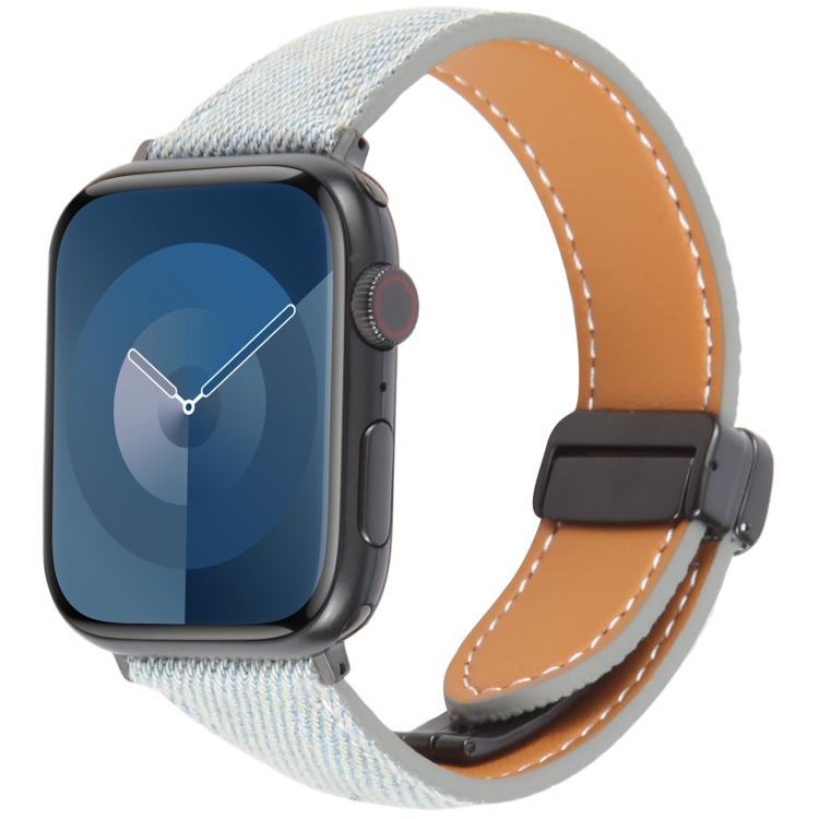 For Apple Watch 46mm / 49mm / 45mm / 44mm Folding Magnetic Buckle Denim Leather Watch Band(Light Blue) - Watch Bands by PMC TechLife | Online Shopping South Africa | PMC TechLife | Buy Now Pay Later Mobicred