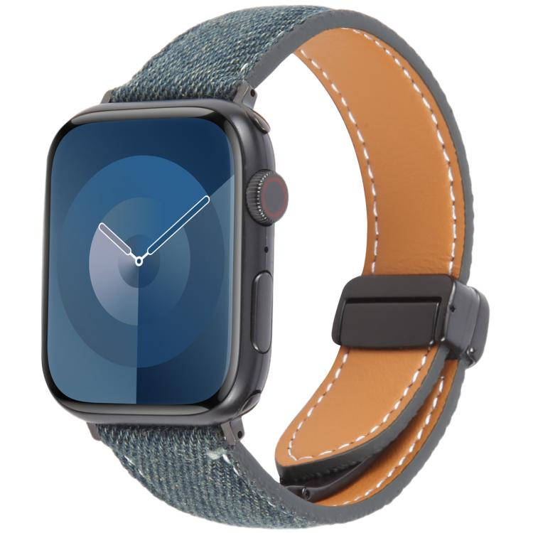 For Apple Watch 42mm / 41mm / 40mm / 38mm Folding Magnetic Buckle Denim Leather Watch Band(Dark Blue) - Watch Bands by PMC TechLife | Online Shopping South Africa | PMC TechLife | Buy Now Pay Later Mobicred
