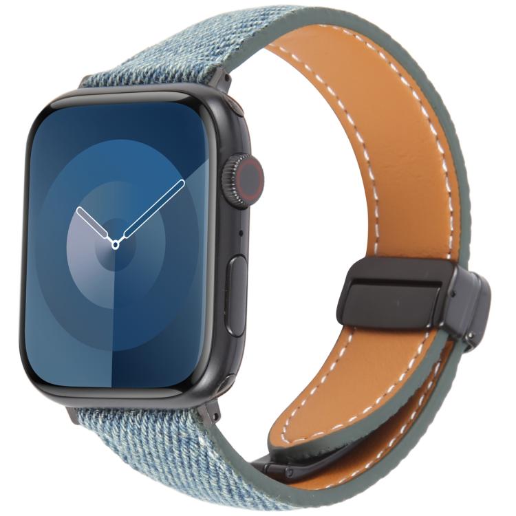 For Apple Watch 42mm / 41mm / 40mm / 38mm Folding Magnetic Buckle Denim Leather Watch Band(Misty Blue) - Watch Bands by PMC TechLife | Online Shopping South Africa | PMC TechLife | Buy Now Pay Later Mobicred