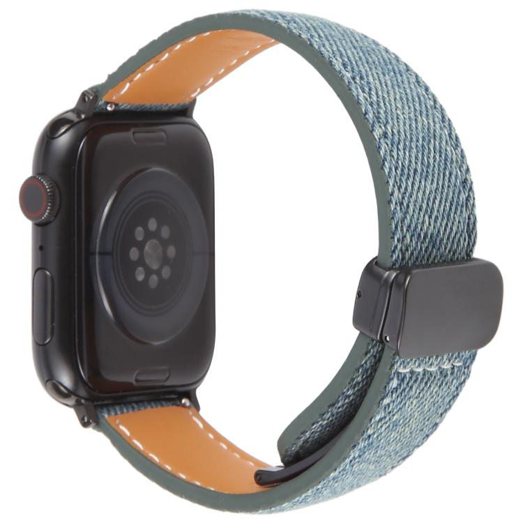 For Apple Watch 42mm / 41mm / 40mm / 38mm Folding Magnetic Buckle Denim Leather Watch Band(Misty Blue) - Watch Bands by PMC TechLife | Online Shopping South Africa | PMC TechLife | Buy Now Pay Later Mobicred