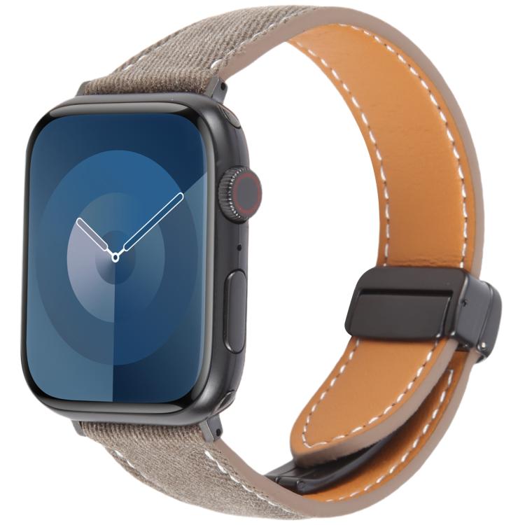 For Apple Watch 42mm / 41mm / 40mm / 38mm Folding Magnetic Buckle Denim Leather Watch Band(Light Brown) - Watch Bands by PMC TechLife | Online Shopping South Africa | PMC TechLife | Buy Now Pay Later Mobicred