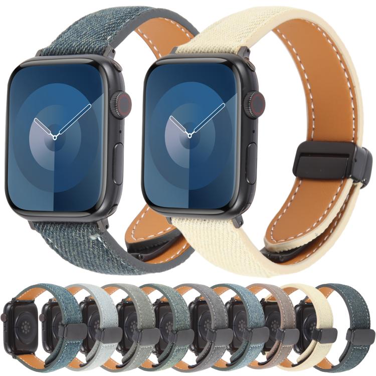 For Apple Watch 46mm / 49mm / 45mm / 44mm Folding Magnetic Buckle Denim Leather Watch Band(Black) - Watch Bands by PMC TechLife | Online Shopping South Africa | PMC TechLife | Buy Now Pay Later Mobicred