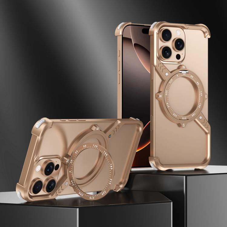 For iPhone 15 Pro S Shaped 360 Holder Airbag Frameless MagSafe Metal Phone Case(Desert Gold) - free shipping - PMC TechLife - Order now!