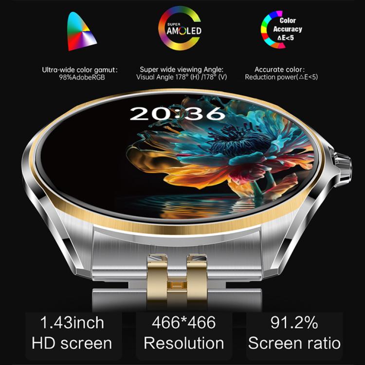 H78 1.43 inch AMOLED Screen Health & Fitness Smart Watch IP67 Waterproof Support BT Call(Gold Shell Blue Leather) - free shipping - PMc TechLife - Order now!