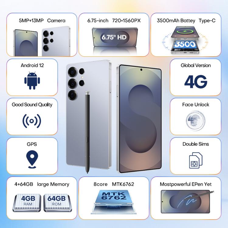 S25 Ultra / Q25, 4GB+64GB, 6.75 inch Android 12 MTK6762 Octa Core, Network: 4G, Dual SIM, with Stylus Pen, Plug:EU Plug(Titanium White Sliver) - free shipping - PMc TechLife - Order now!