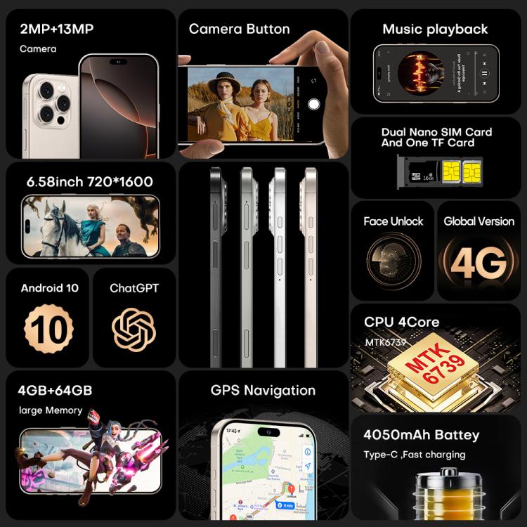 I16 Pro Max / PDQ6, 4GB+64GB, 6.58 inch Android 10 MTK6739 Quad Core, Network: 4G, Dual SIM, Plug:AU Plug(Black) - free shipping - PMc TechLife - Order now!