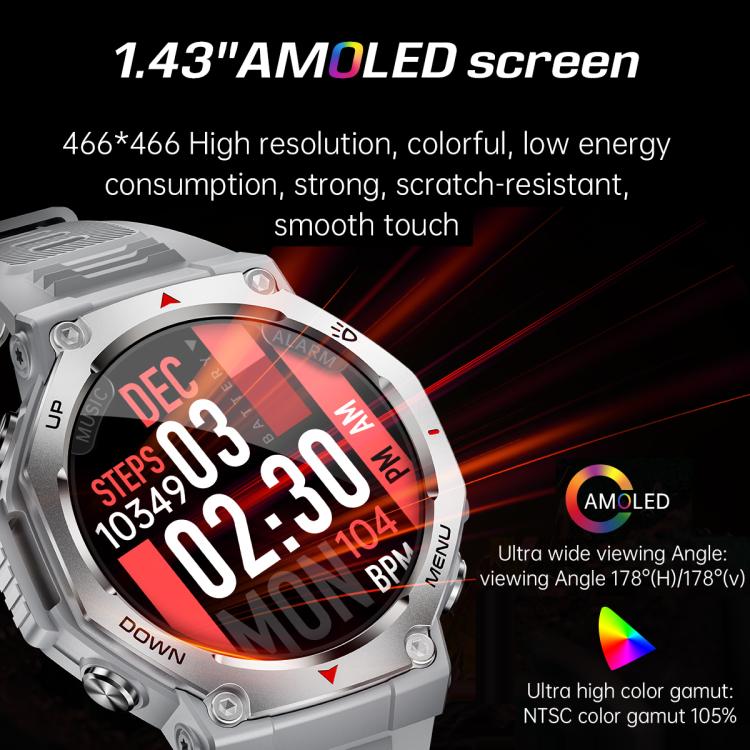 KT85 1.43 inch Screen 5ATM Outdoor Sports Smart Watch with Strong Flashlight(Grey) - free shipping - PMC TechLife - Order now!