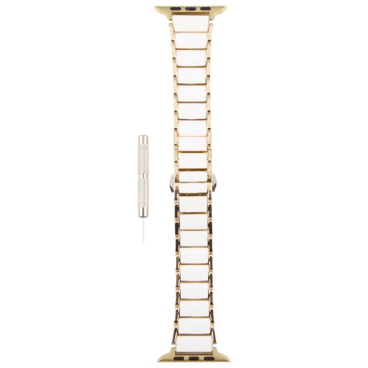 For Apple Watch 42mm / 41mm / 40mm / 38mm Three Beads Ceramics 18mm Steel Watch Band(Gold White) - free shipping - PMC TechLife - Order now!