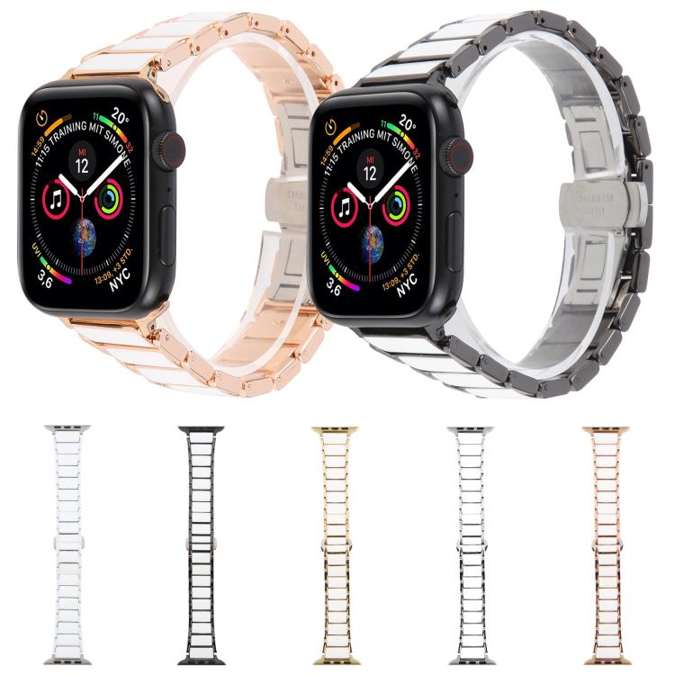 For Apple Watch 42mm / 41mm / 40mm / 38mm Three Beads Ceramics 18mm Steel Watch Band(Gold White) - free shipping - PMC TechLife - Order now!