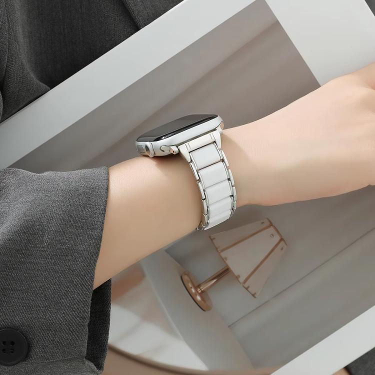 For Apple Watch 46mm / 49mm / 45mm / 44mm Three Beads Ceramics 18mm Steel Watch Band(Gold White) - free shipping - PMC TechLife - Order now!