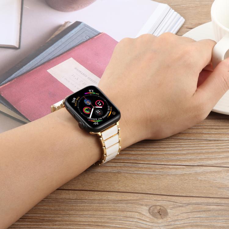 For Apple Watch 42mm / 41mm / 40mm / 38mm Three Beads Ceramics 18mm Steel Watch Band(Silver White) - free shipping - PMC TechLife - Order now!