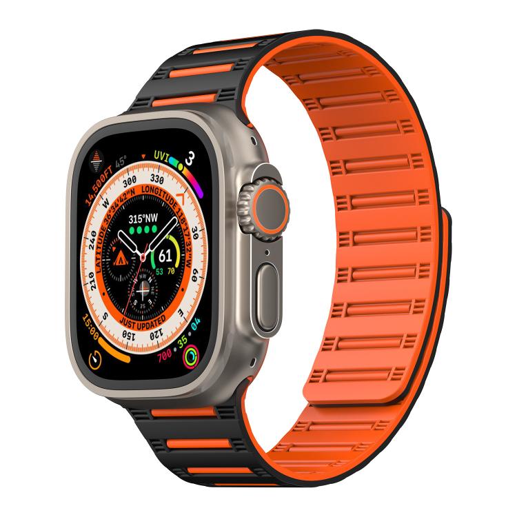 For Apple Watch 46mm / 49mm / 45mm / 44mm Cylinder Magnetic Two-color Loop Silicone Watch Band(Black Orange) - free shipping - PMC TechLife - Order now!
