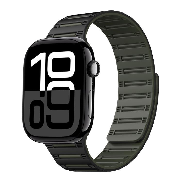 For Apple Watch 42mm / 41mm / 40mm / 38mm Cylinder Magnetic Two-color Loop Silicone Watch Band(Black Army Green) - free shipping - PMC TechLife - Order now!