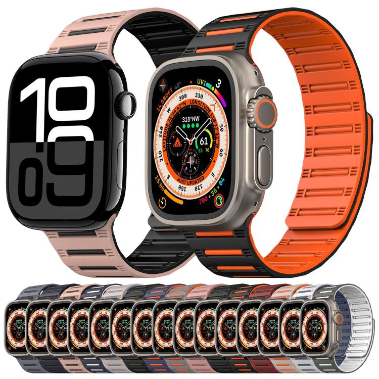 For Apple Watch 46mm / 49mm / 45mm / 44mm Cylinder Magnetic Two-color Loop Silicone Watch Band(Starlight Orange) - free shipping - PMC TechLife - Order now!