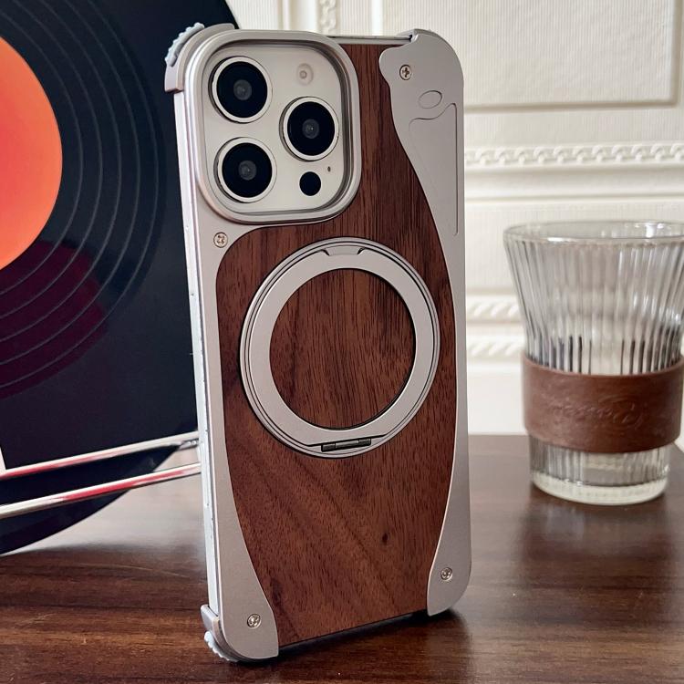 For iPhone 16 Pro Max Walnut Metal Frameless 360 Degree Rotation Holder MagSafe Phone Case(Titanium Color) - free shipping - PMC TechLife - Order now!