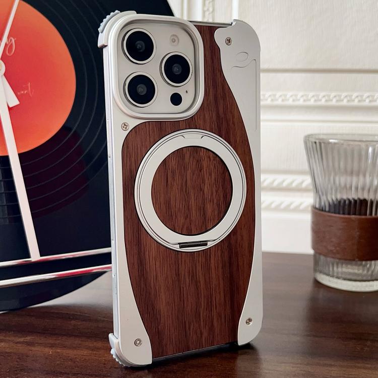 For iPhone 16 Pro Walnut Metal Frameless 360 Degree Rotation Holder MagSafe Phone Case(Silver) - free shipping - PMC TechLife - Order now!