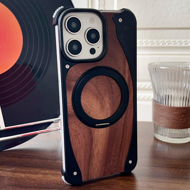 For iPhone 15 Pro Max Walnut Metal Frameless 360 Degree Rotation Holder MagSafe Phone Case(Black) - free shipping - PMC TechLife - Order now!