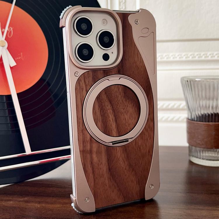For iPhone 15 Pro Walnut Metal Frameless 360 Degree Rotation Holder MagSafe Phone Case(Dessert Gold) - free shipping - PMC TechLife - Order now!