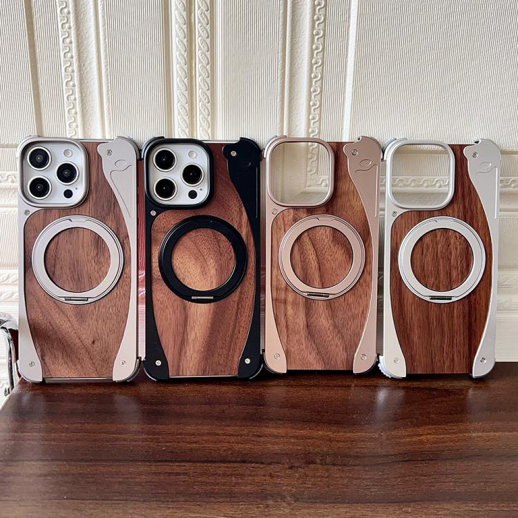 For iPhone 16 Pro Walnut Metal Frameless 360 Degree Rotation Holder MagSafe Phone Case(Black) - free shipping - PMC TechLife - Order now!