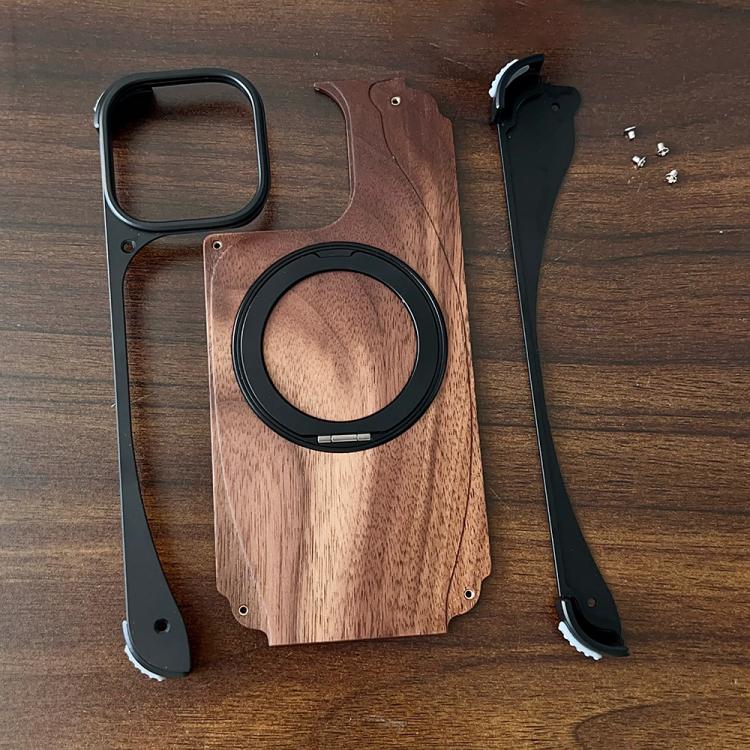 For iPhone 16 Pro Max Walnut Metal Frameless 360 Degree Rotation Holder MagSafe Phone Case(Titanium Color) - free shipping - PMC TechLife - Order now!