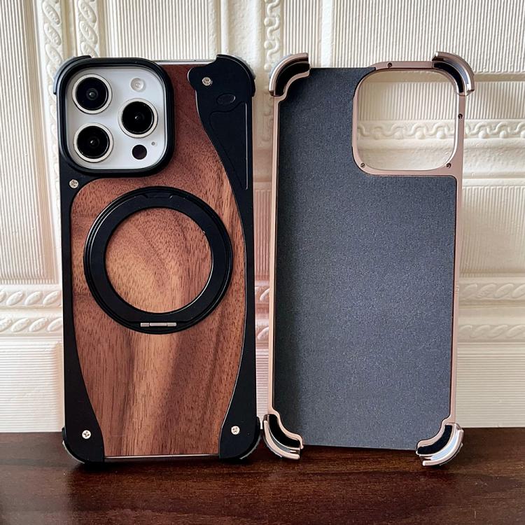For iPhone 15 Pro Max Walnut Metal Frameless 360 Degree Rotation Holder MagSafe Phone Case(Silver) - free shipping - PMC TechLife - Order now!