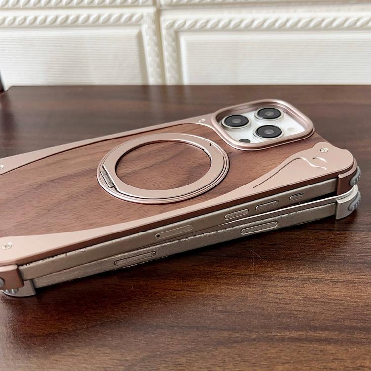 For iPhone 16 Pro Max Walnut Metal Frameless 360 Degree Rotation Holder MagSafe Phone Case(Titanium Color) - free shipping - PMC TechLife - Order now!