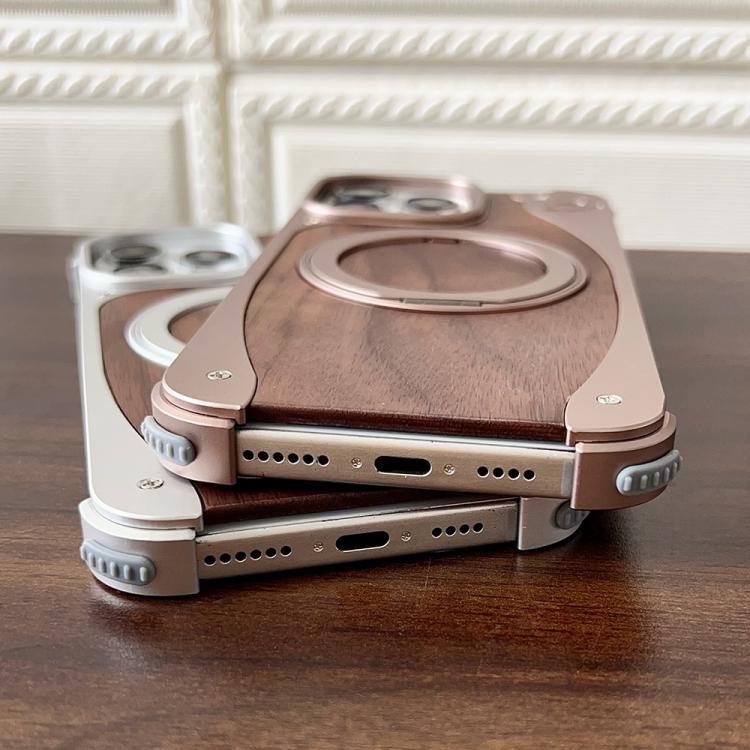 For iPhone 16 Pro Walnut Metal Frameless 360 Degree Rotation Holder MagSafe Phone Case(Black) - free shipping - PMC TechLife - Order now!