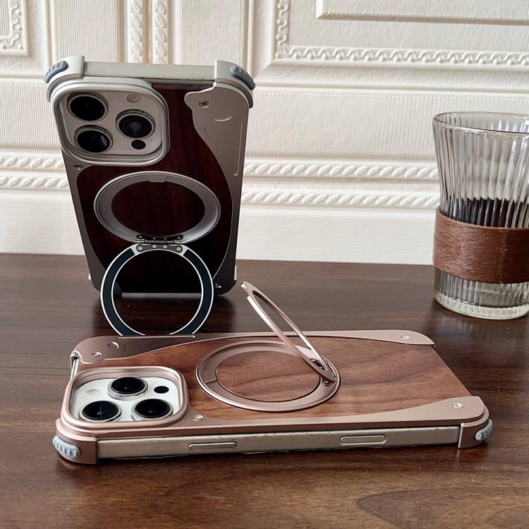 For iPhone 16 Pro Max Walnut Metal Frameless 360 Degree Rotation Holder MagSafe Phone Case(Black) - free shipping - PMC TechLife - Order now!