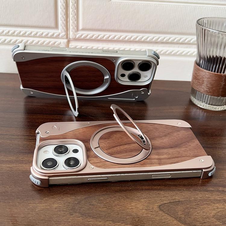 For iPhone 16 Pro Walnut Metal Frameless 360 Degree Rotation Holder MagSafe Phone Case(Black) - free shipping - PMC TechLife - Order now!