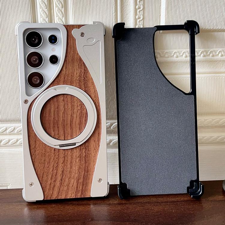 For Samsung Galaxy S25 Ultra 5G Walnut Metal Frameless 360 Degree Rotation Holder MagSafe Phone Case(Silver) - free shipping - PMC TechLife - Order now!