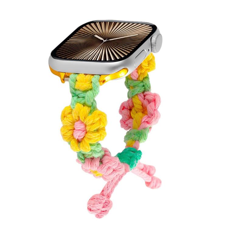 For Apple Watch 46mm / 49mm / 45mm / 44mm Hemp Rope Woven Flowers Drawstring Watch Band(Yellow Pink) - free shipping - PMC TechLife - Order now!