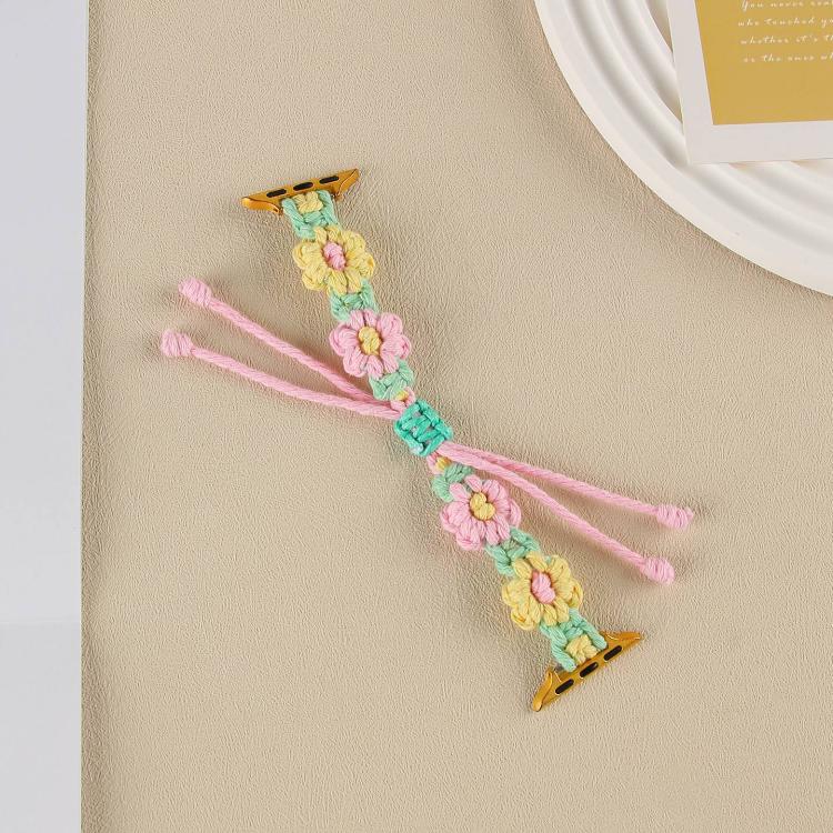 For Apple Watch 46mm / 49mm / 45mm / 44mm Hemp Rope Woven Flowers Drawstring Watch Band(Yellow Pink) - free shipping - PMC TechLife - Order now!