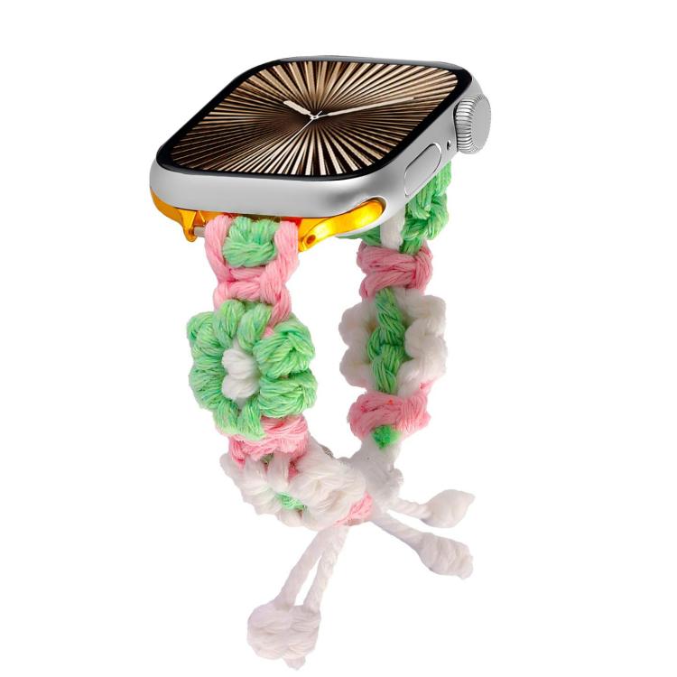 For Apple Watch 42mm / 41mm / 40mm / 38mm Hemp Rope Woven Flowers Drawstring Watch Band(Green White) - free shipping - PMC TechLife - Order now!