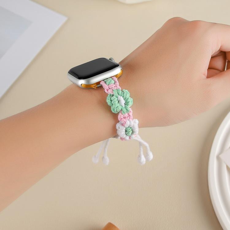 For Apple Watch 42mm / 41mm / 40mm / 38mm Hemp Rope Woven Flowers Drawstring Watch Band(Green White) - free shipping - PMC TechLife - Order now!