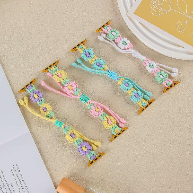 For Apple Watch 42mm / 41mm / 40mm / 38mm Hemp Rope Woven Flowers Drawstring Watch Band(Green White) - free shipping - PMC TechLife - Order now!