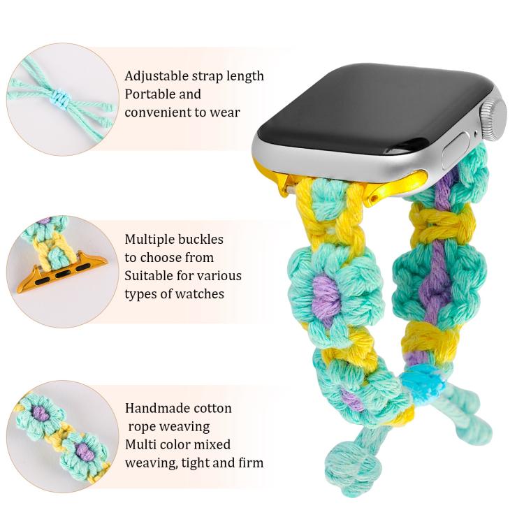 For Apple Watch 42mm / 41mm / 40mm / 38mm Hemp Rope Woven Flowers Drawstring Watch Band(Teal Green) - free shipping - PMC TechLife - Order now!