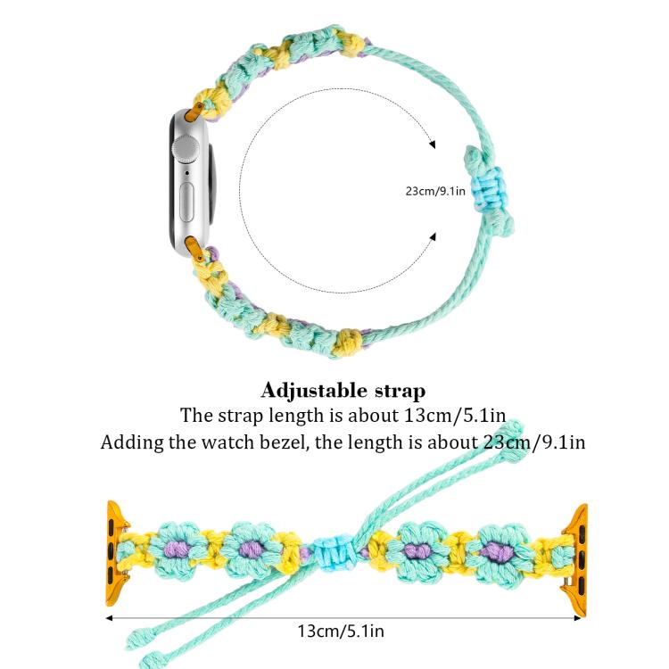 For Apple Watch 46mm / 49mm / 45mm / 44mm Hemp Rope Woven Flowers Drawstring Watch Band(Green White) - free shipping - PMC TechLife - Order now!