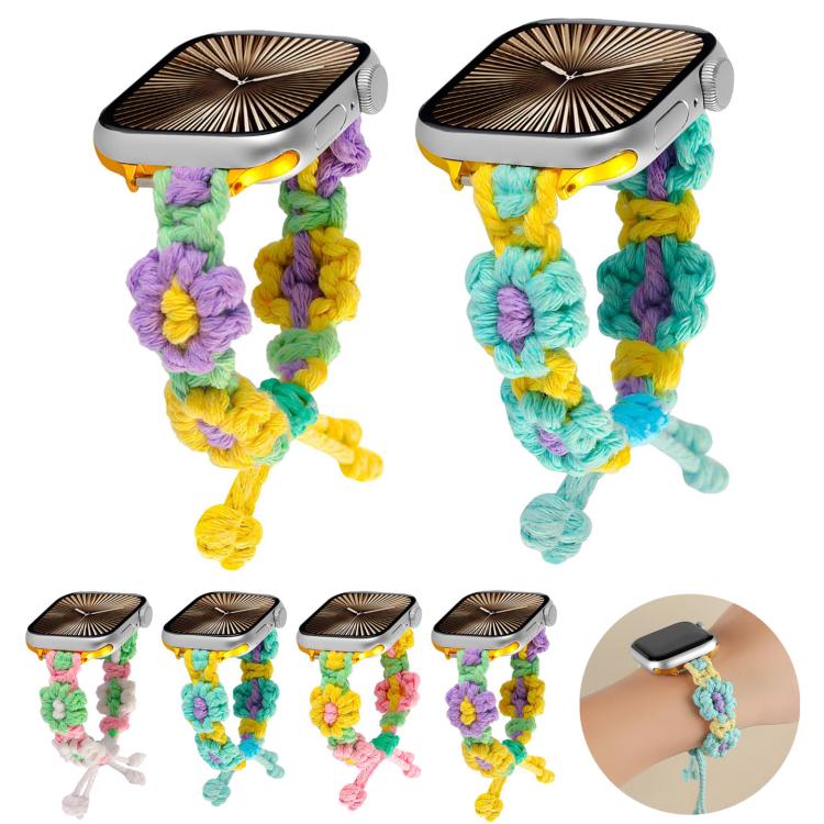 For Apple Watch 46mm / 49mm / 45mm / 44mm Hemp Rope Woven Flowers Drawstring Watch Band(Green White) - free shipping - PMC TechLife - Order now!