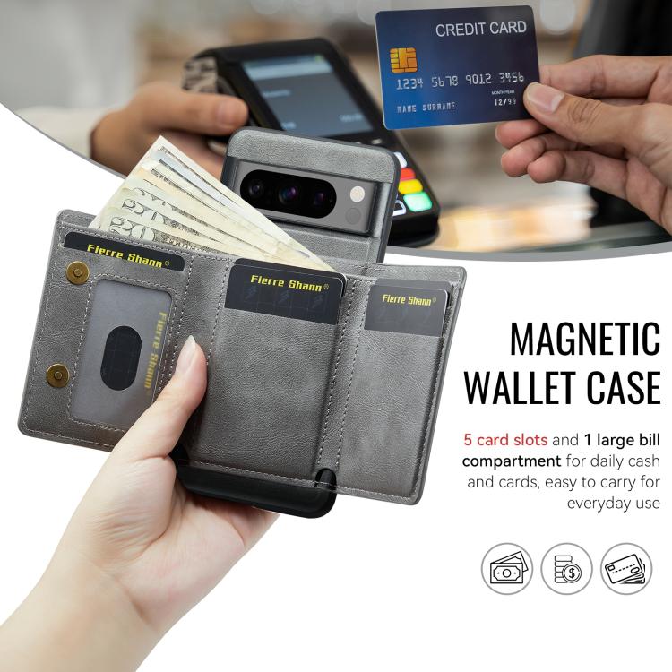 For Google Pixel 7 Pro Fierre Shann 2 in 1 Holder RFID Card Slot Wallet MagSafe Phone Case(Grey) - free shipping - PMC TechLife - Order now!
