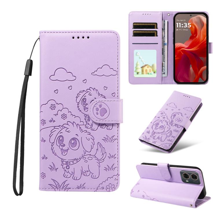 For Motorola Edge 50 Fusion 5G Embossed Heart Dog RFID Blocking Wallet Leather Phone Case(Purple) - free shipping - PMC TechLife - Order now!