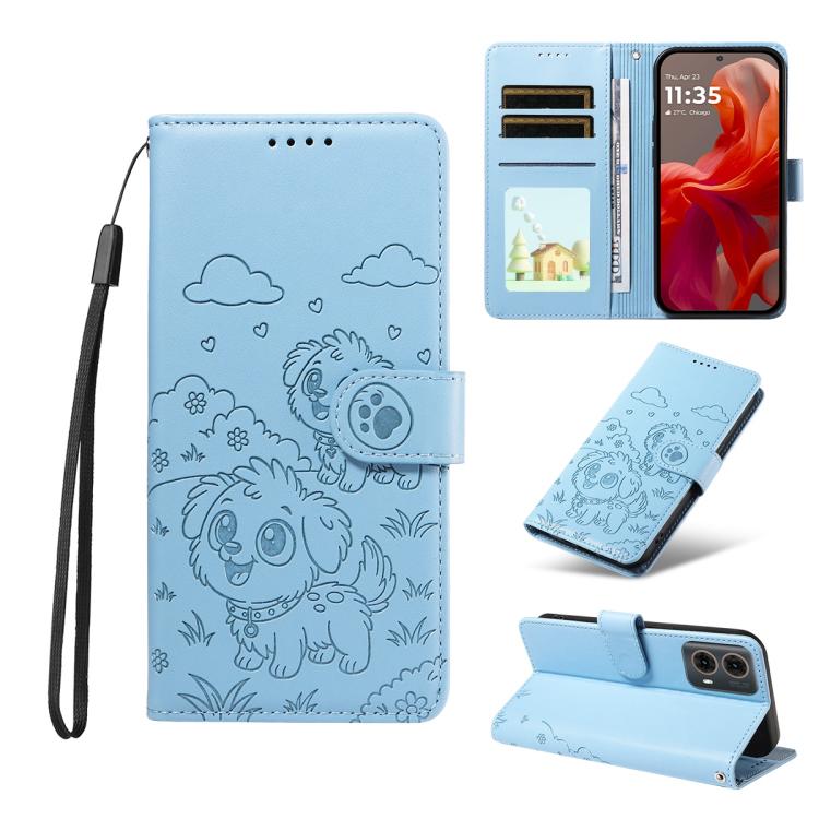 For Motorola Edge 50 Fusion 5G Embossed Heart Dog RFID Blocking Wallet Leather Phone Case(Sky Blue) - free shipping - PMC TechLife - Order now!