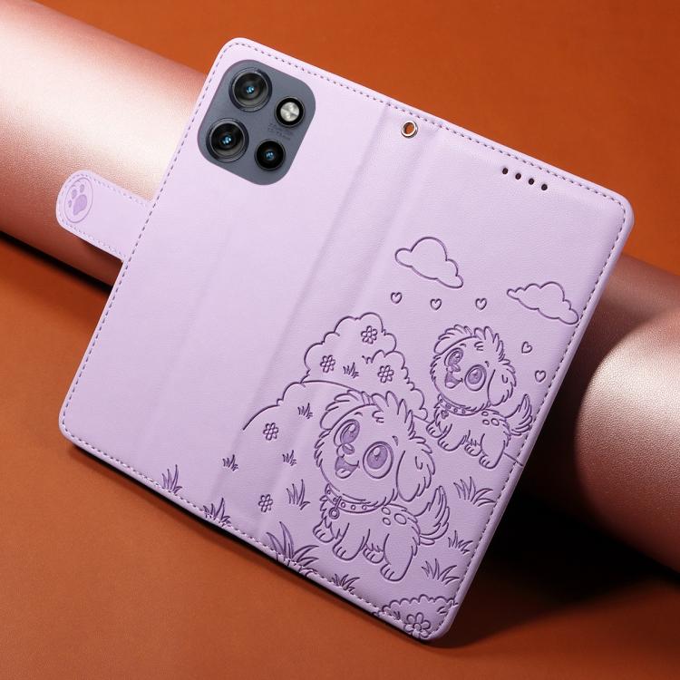 For Motorola Edge 50 Neo 5G Embossed Heart Dog RFID Blocking Wallet Leather Phone Case(Purple) - free shipping - PMC TechLife - Order now!