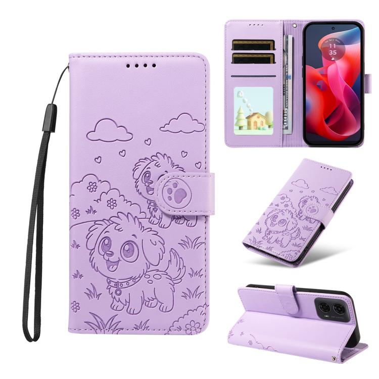 For Motorola Moto G04 / G24 / E14 Embossed Heart Dog RFID Blocking Wallet Leather Phone Case(Purple) - free shipping - PMC TechLife - Order now!